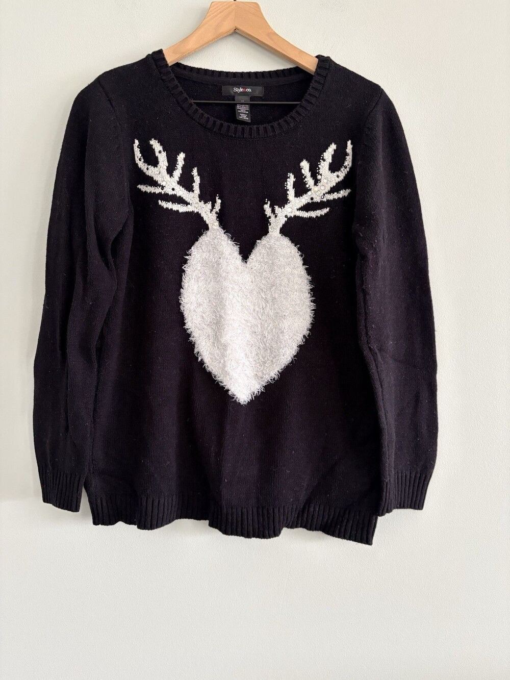 Style & Co Black Sweater Heart Rhinestone Antlers Christmas Holiday Medium